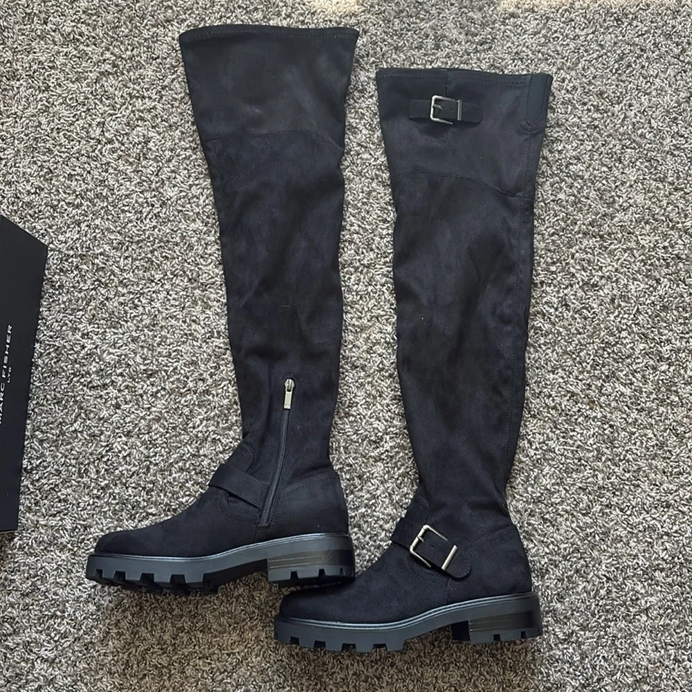 NEW In Box Marc Fisher Black Suede Ganven Lug Over The Knee Boot Size 7.5